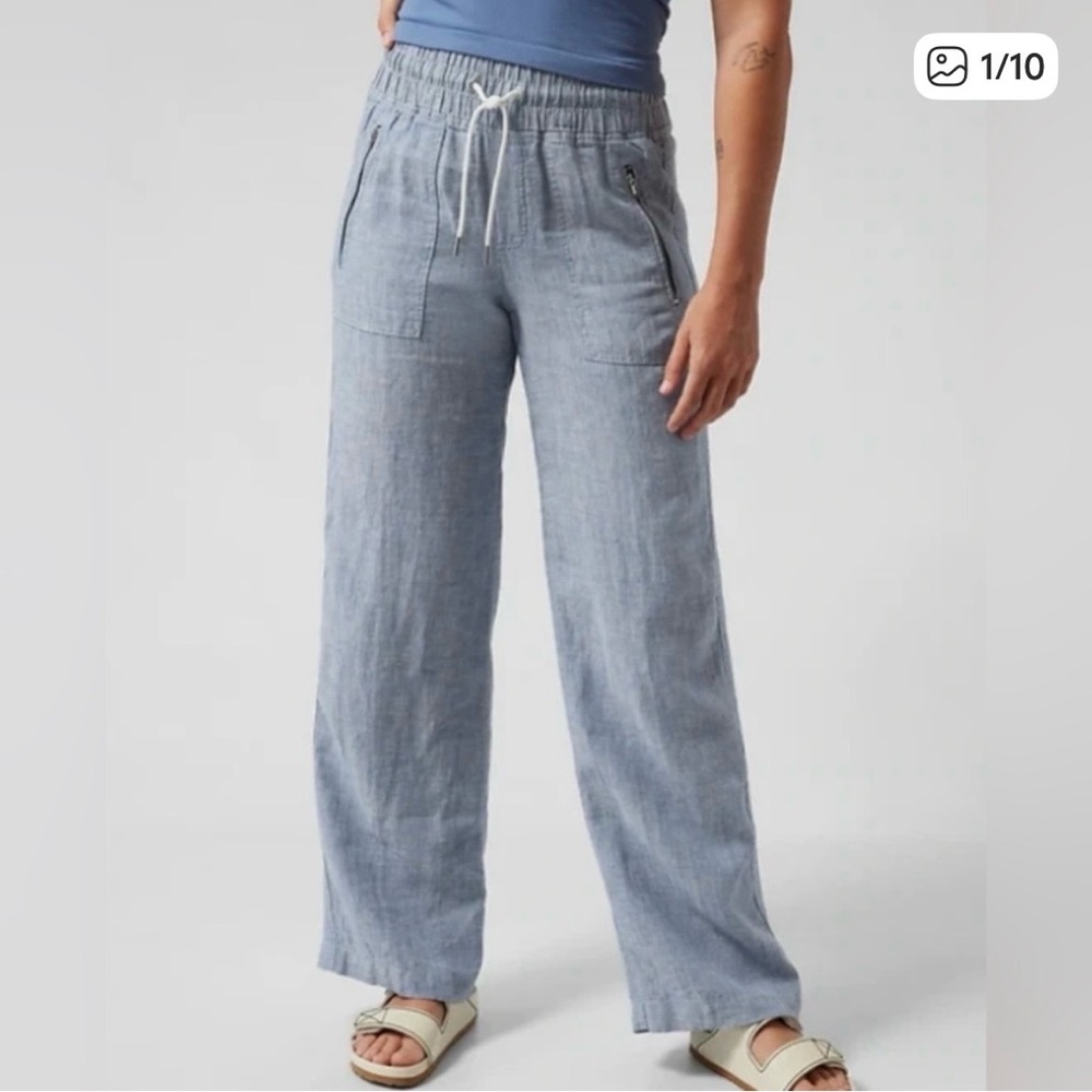 ATHLETA “Cabo” Blue Linen Wide-Leg Pants, Size 6.